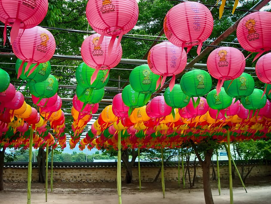 assorted-color paper lanterns, hanging, strings, gyeong ju, south korea, lanterns, pagoda temple, faith, religion, hdr