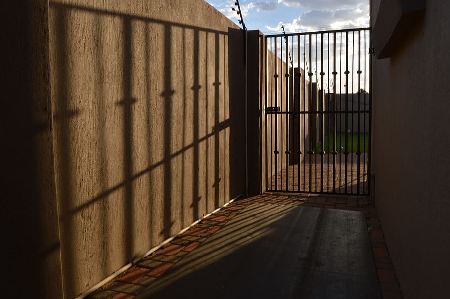 gate, wall, shadow, steel, safety, architecture, metal, security, building, protection