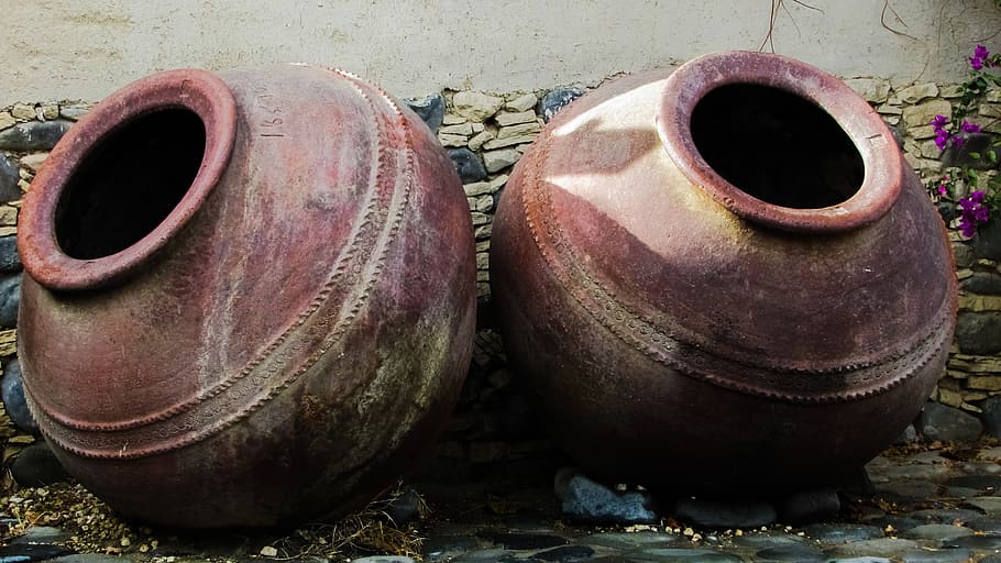 two, brown, clay pots, jar, pottery, handmade, traditional, decoration, village, street