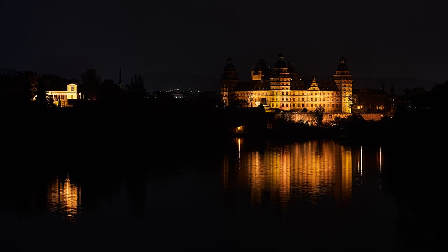 aschaffenburg, castle, night, germany, bavaria, places of interest, lower franconia, river, building, monument