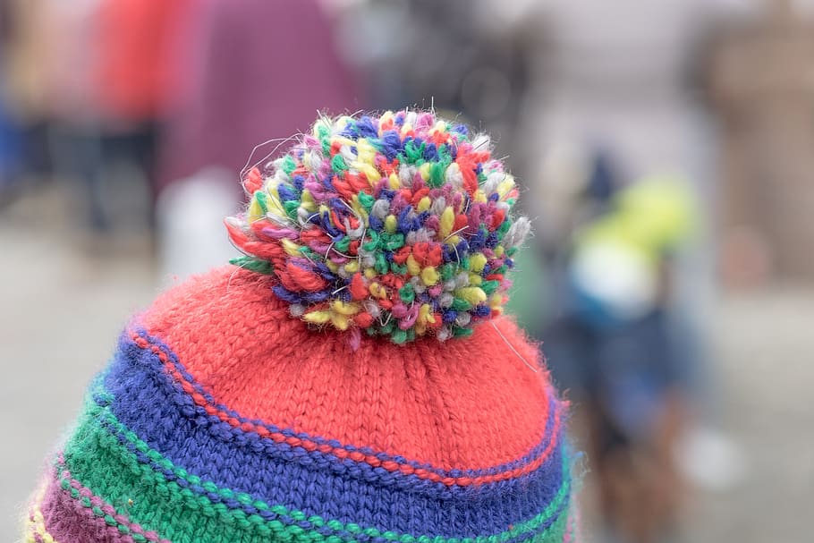 cap, fabric, cold, bobble, tip, background, focus on foreground, day, incidental people, one person