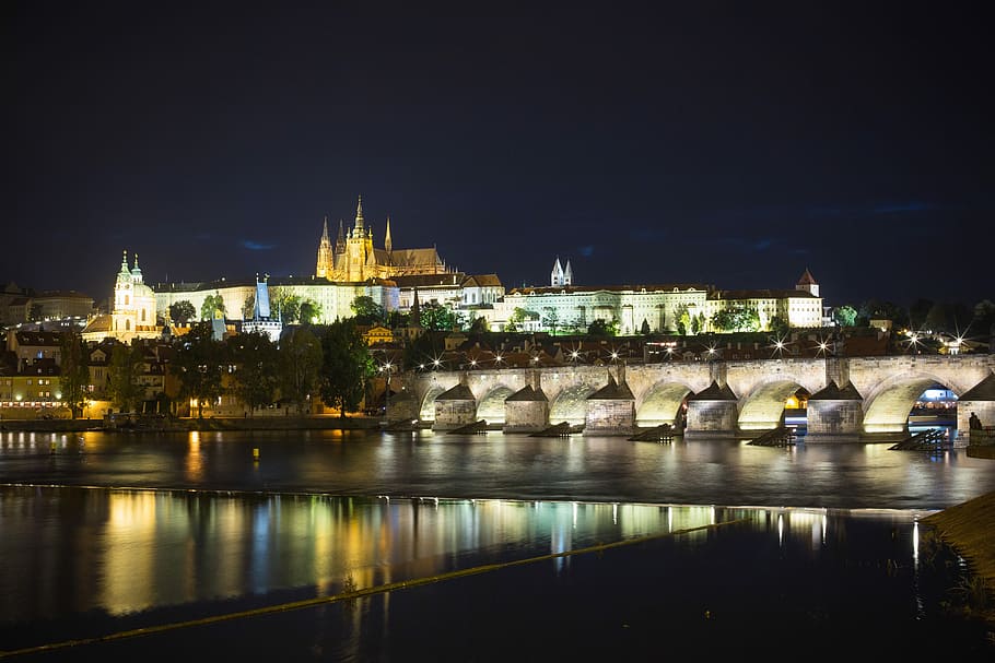 noche, Castillo de Praga, Puente de Carlos, en la noche, arquitectura, puente, ciudad capital, castillo, ciudad, checo