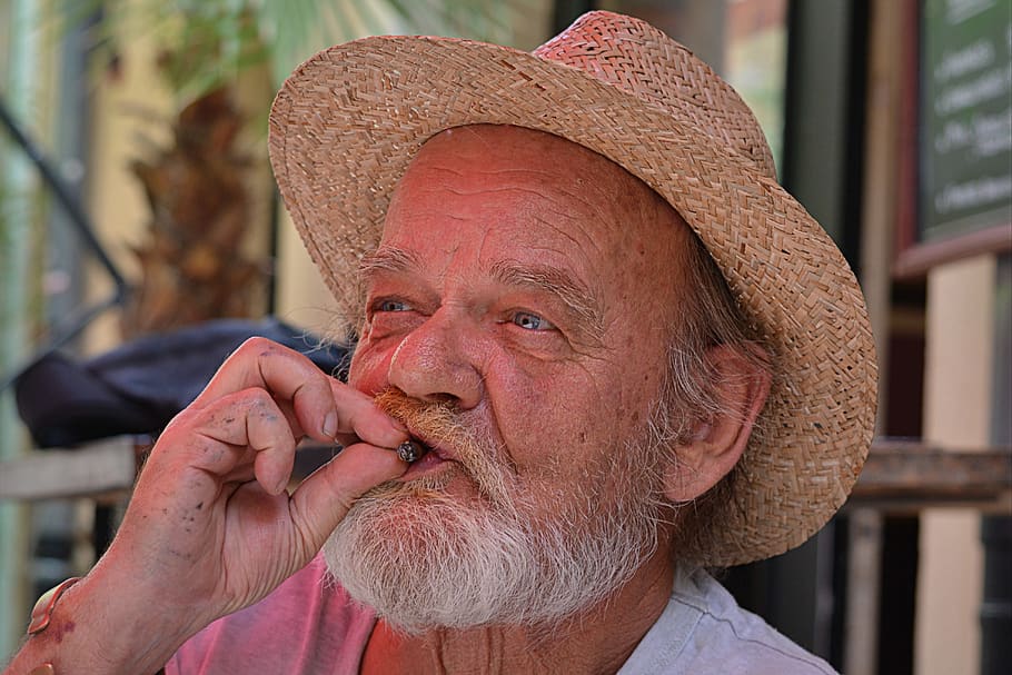 man, portrait, old man, cigar, beard, people, hat, smoking, facial hair, senior adult