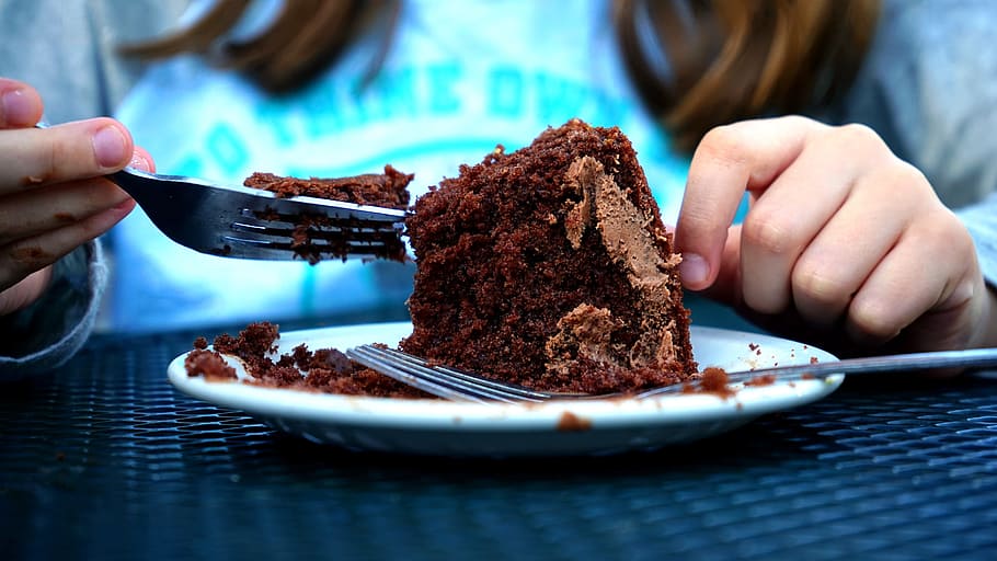 chocolate cake, white, ceramic, plate, cake, eat, food, sweet, eating, dessert