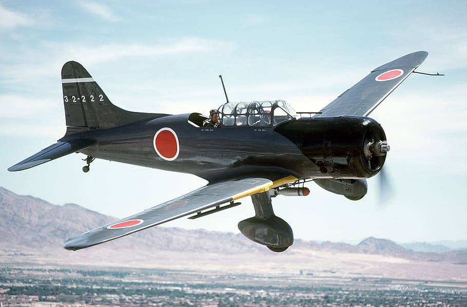 black, red, plane, sky, aircraft, world war ii, aichi, d3a, fly, propeller plane