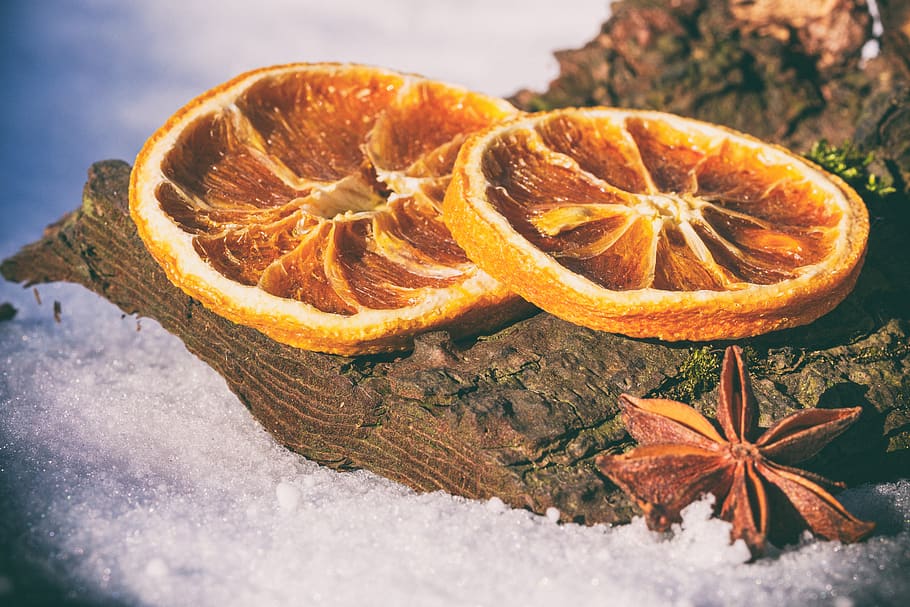 winter, snow, cold, spices, anise, star anise, star, orange, dried fruit, christmas