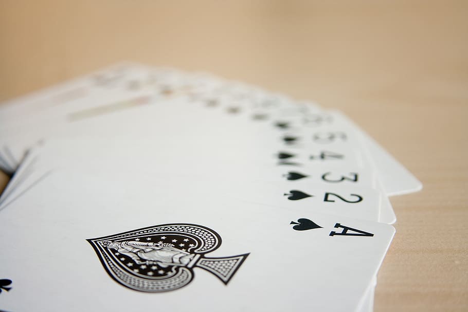 playing, cards, brown, wooden, table, suit, spades, black, order, ace