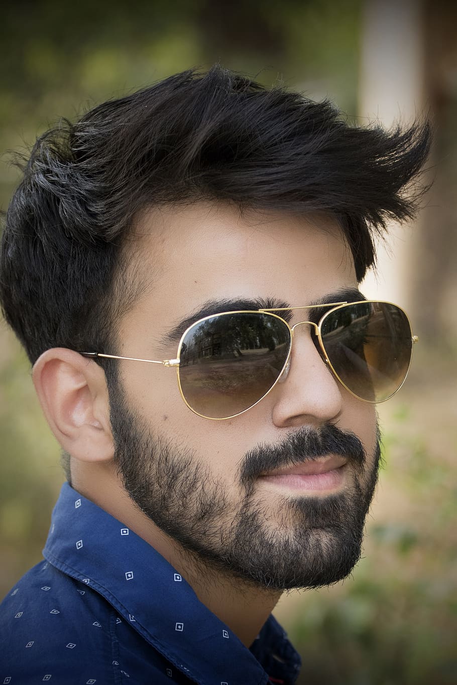 man, wearing, gold-colored aviator style sunglasses, portrait, photography, people, young, male, happy, person