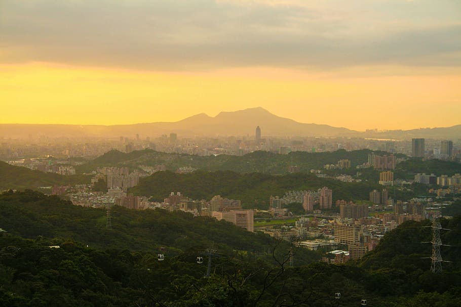 visto, mao kong, kong., ciudad, Taipei, paisaje urbano, anochecer, foto, paisaje, montaña
