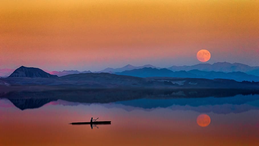 man rowing boat, sunset, dawn, dusk, evening, moon, blue, orange, lake, mountains