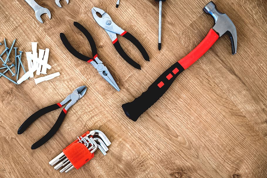 Construction, tools, wooden, background., build, chrome, closeup, collection, drill, garage