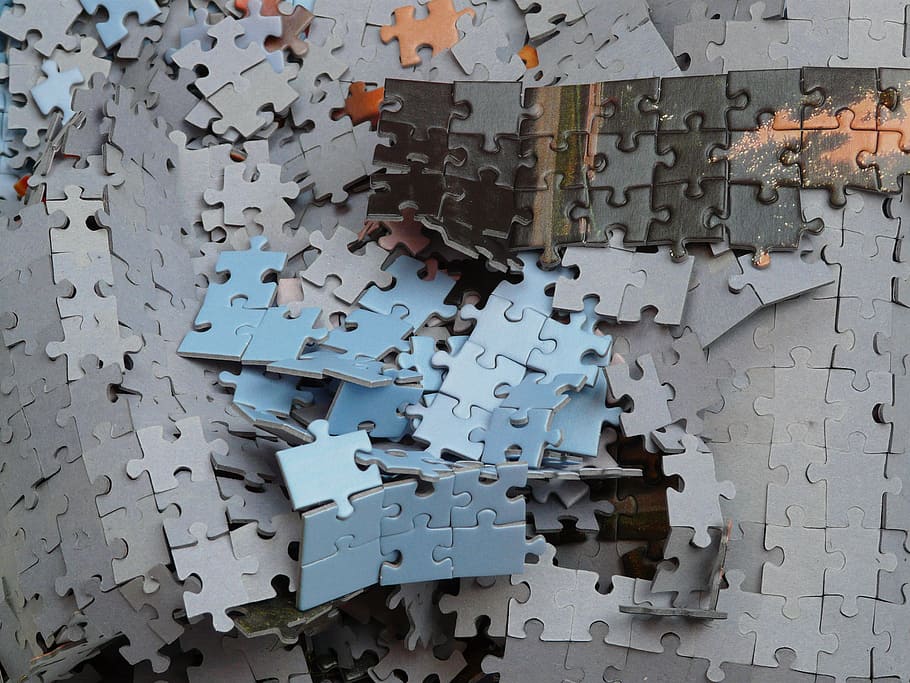 gray, blue, jigsaw puzzle, Puzzle, Unfinished, Mess, Unresolved, chaos, pieces of the puzzle, memory cards covered with