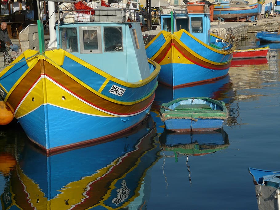 barcos de pesca, marsaxlokk, colorido, puerto, malta, pesca, color, pintado, mediterráneo, cortador