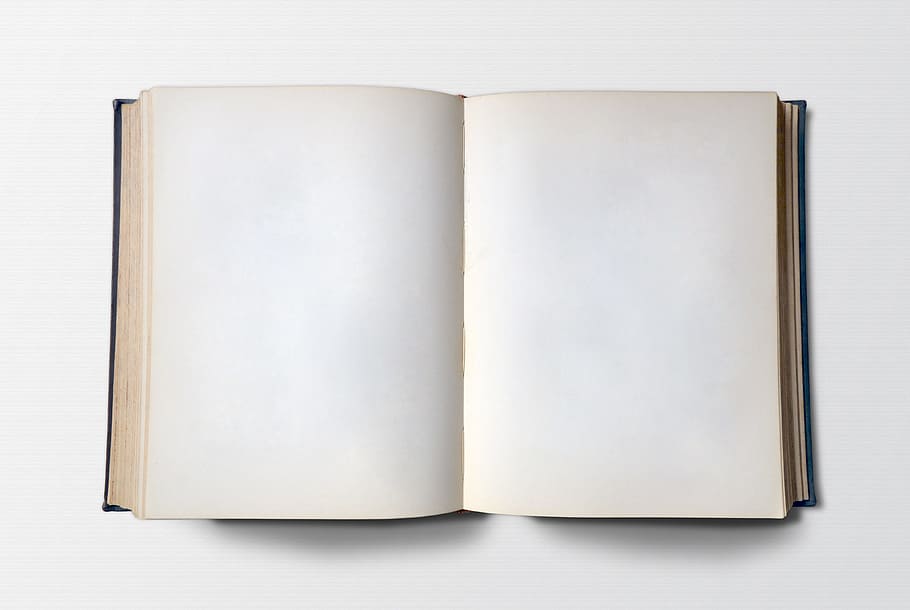 blanco, abierto, en blanco, libro, parte superior, superficie, libro en blanco, libro viejo, propagación, vintage