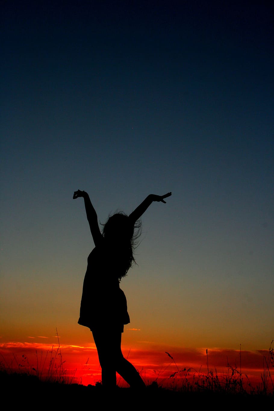 photography, woman, raising, hands, sunset, girl, dance, shadow, silhouette, sky