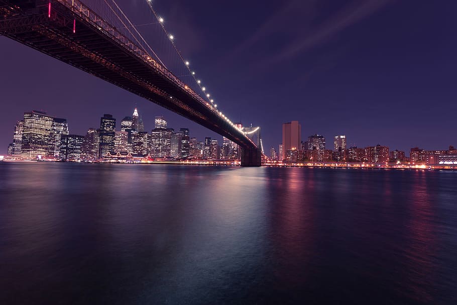 lighted, suspension bridge, city buildings, nighttime, city, buildings, night, urban Skyline, cityscape, urban Scene