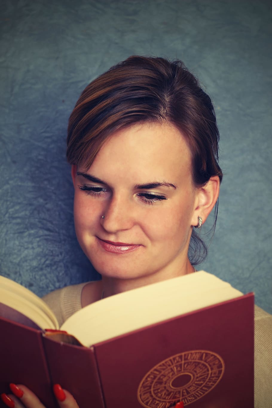 woman, nose, piercing, reading, red, hardbound, book, nose piercing, hardbound book, girl