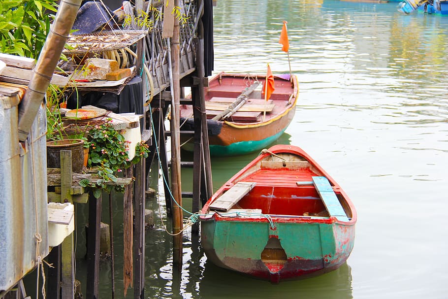 merah, hijau, perahu, sungai, berwarna-warni, memancing, desa nelayan, perahu berwarna-warni, hong kong, tradisi