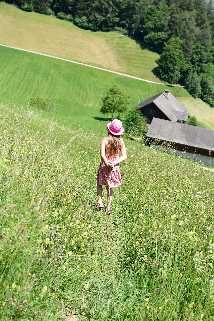 person, human, child, girl, meadow, downhill, walk, nature, plant, grass