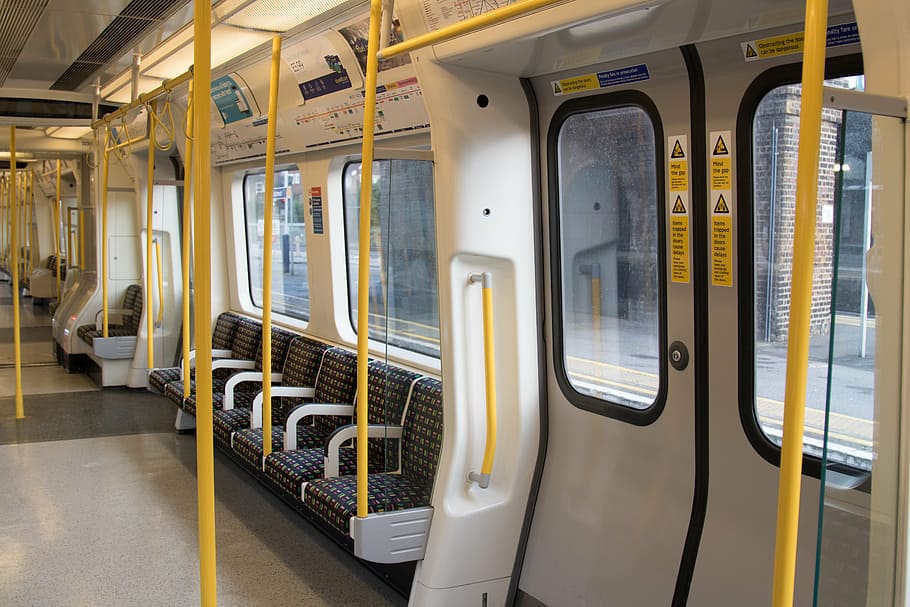 white train interior, london underground, tube, underground, london, train, transportation, travel, subway, urban