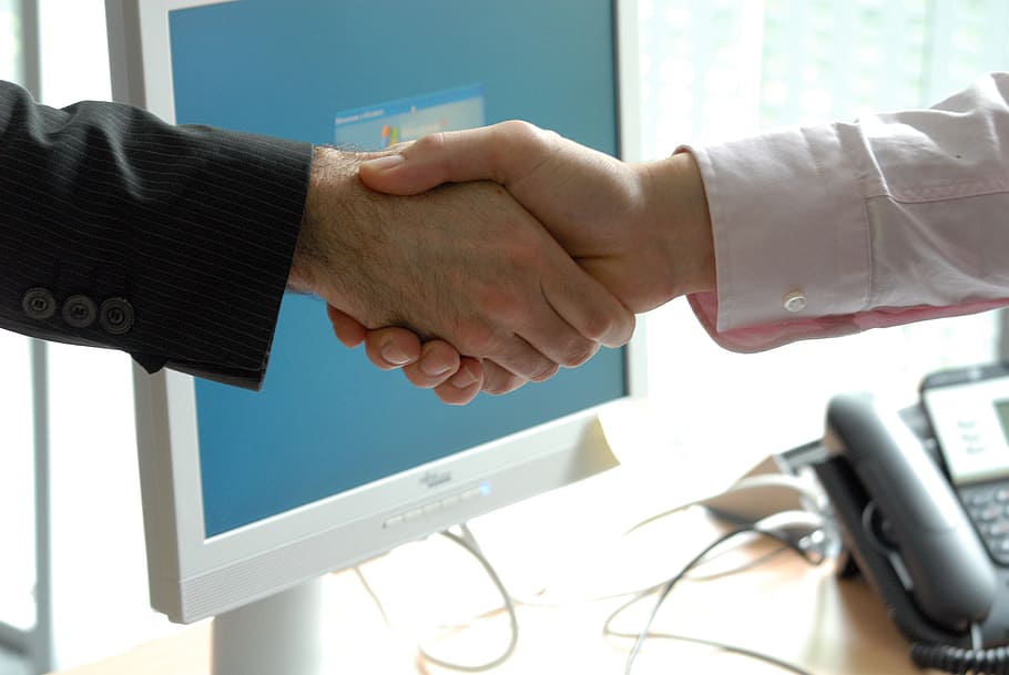two, person, shaking, hands, white, flat, screen, monitor, handshake, business