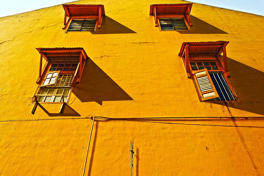 brown, concrete, wall, four, windows, daytime, building, yellow, shutters, architecture