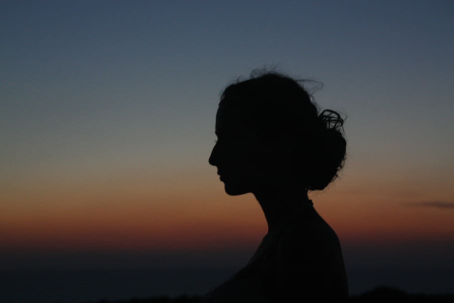 foto de silueta, persona, cara, noche, perfil, luz de fondo, mujeres, puesta de sol, silueta, solo una mujer