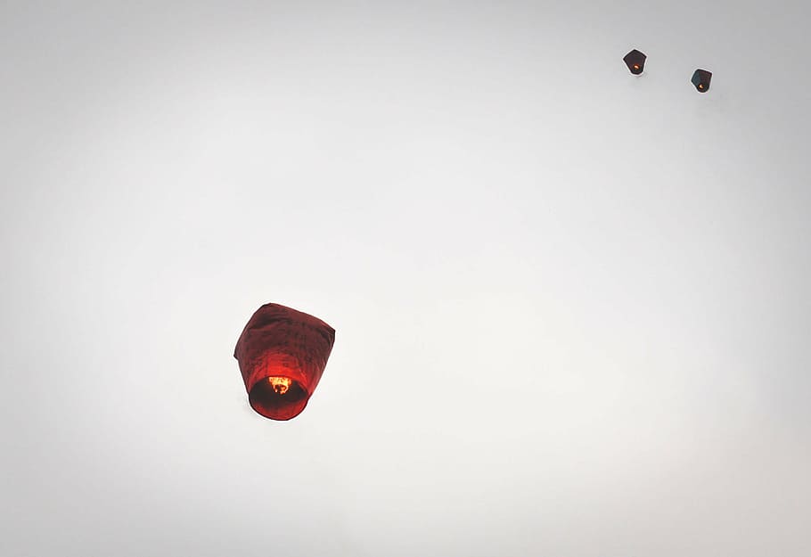 candle lanterns, floating, clear, sky, red, flame, lantern, lanterns, fire, drop