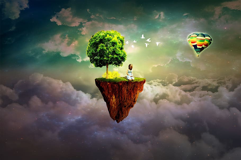 man, sitting, floating, island, clouds illustration, girl, young girl, fantasy, clouds, hot air balloon