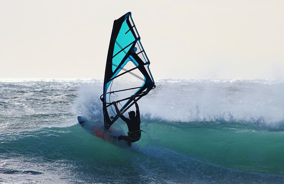 person kite board, daytime, surfer, surfboard, wave, water sports, blue, wind, beach, surf