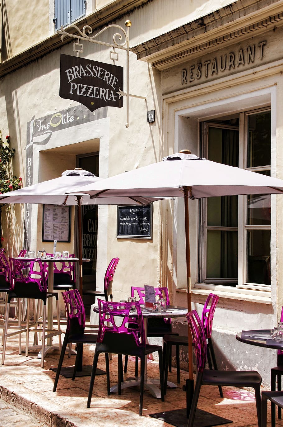 brasserie pizzeria restaurant, patio tables, france, provence, bistro, parasol, chairs, building, mediterranean, eat