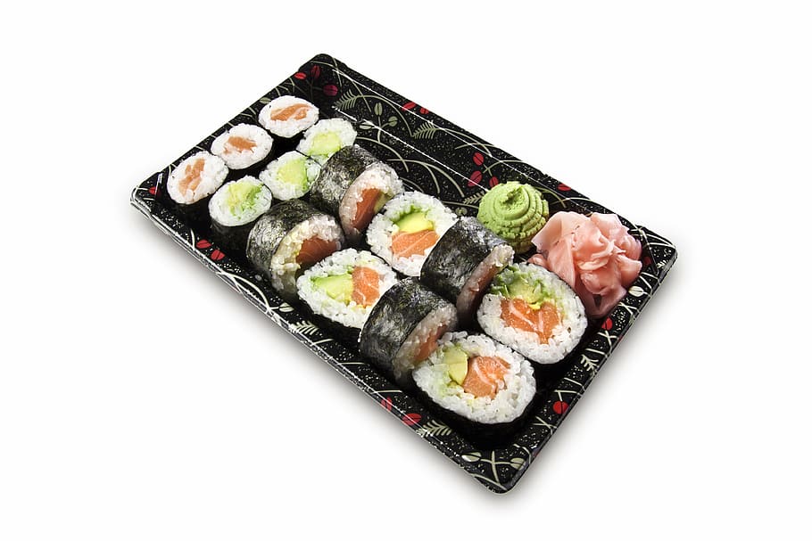 cozinha sushi, prato, sushi, conjunto, nigiri, maki, peixe, cru, salmão, arroz