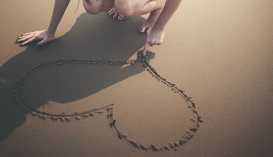 person, drawing, heart shape, sand, bare, beach, break, calm, chill, chill out