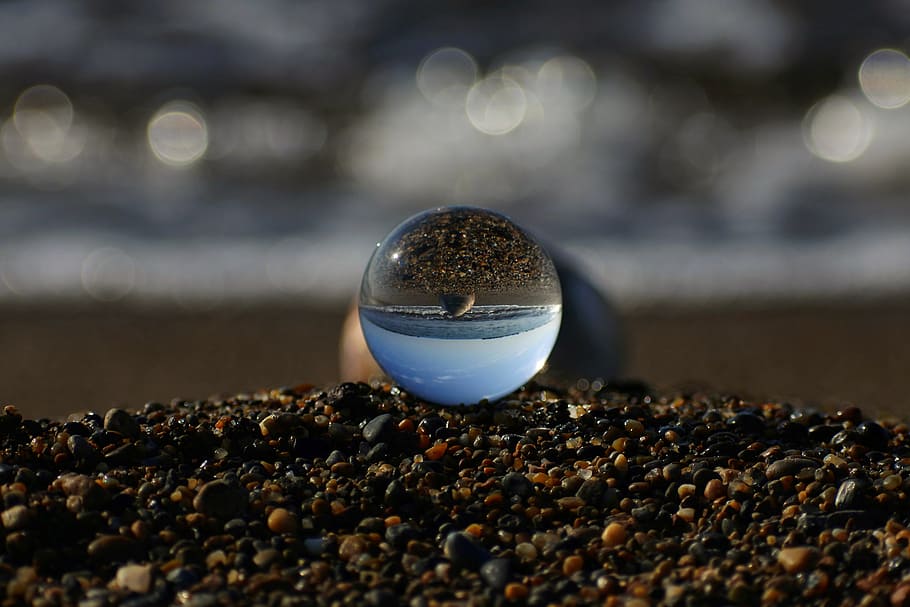 natural, landscape, sea, beach, wave, shell from, glass, glass beads, the bokeh, the world upside down