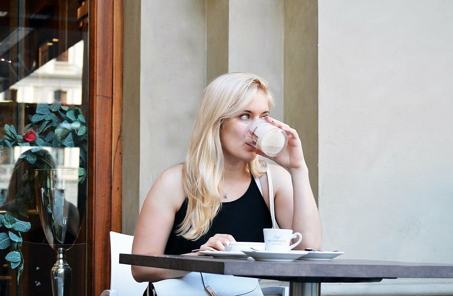 woman drinking coffee, beautiful, blonde, girl, young, woman, cafe, drinking, cappuccino, coffee