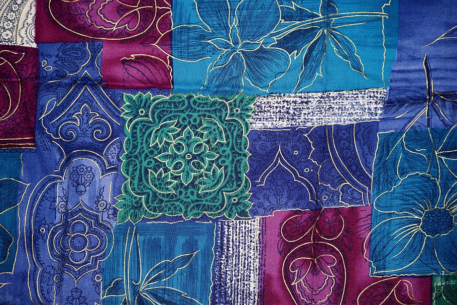 Azul, rosa, verde, floral, tela, fondo, mosaico, flores, púrpura, turquesa