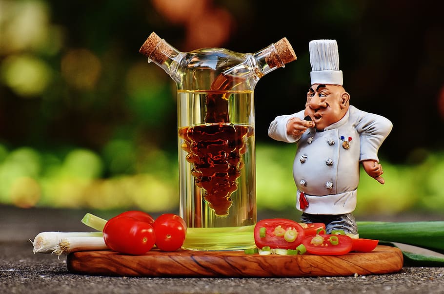 cooking, figure, vinegar, oil, tomatoes, onions, spring onions, food, bottle, healthy