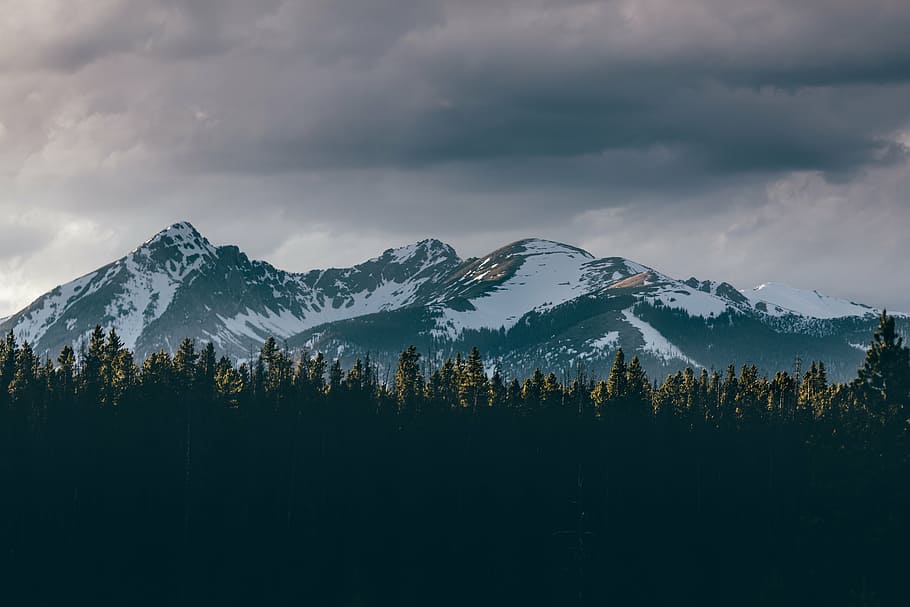 snow-capped mountain, surrounded, green, trees, mountain, highland, dark, cloud, sky, summit