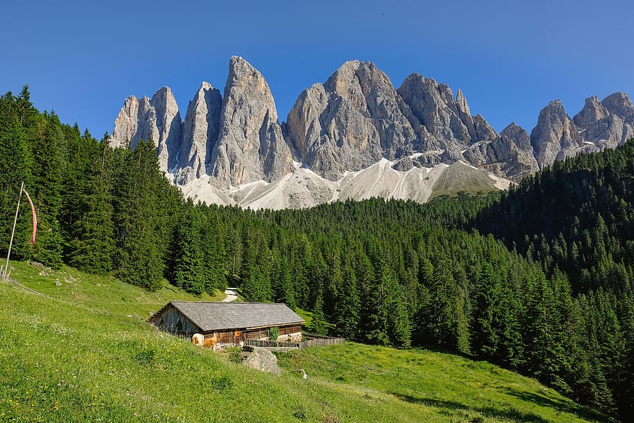 alam, pemandangan, pemandangan alam, dunia pegunungan, panorama gunung, alm, alpine hut, Geisler Acute, South Tyrol, gunung