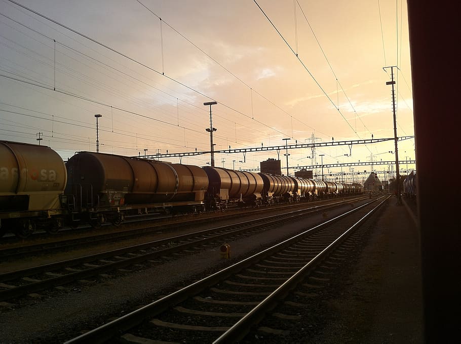 gray, train, dawn, railway, dare, marshalling yard, railway station, muttenz, switzerland, tank wagons