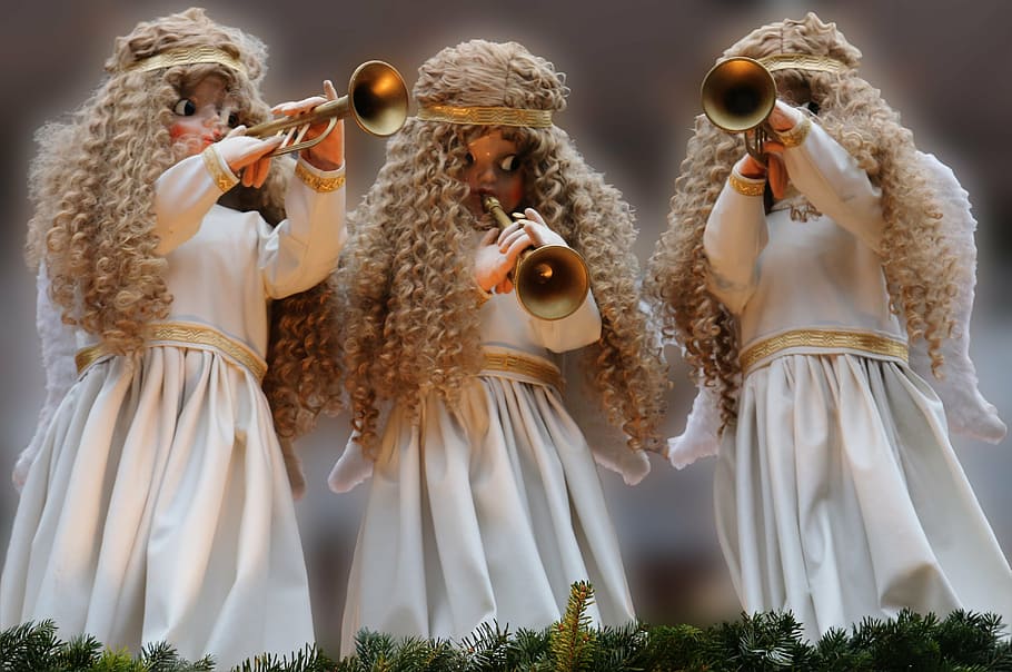 three, angel, playing, flute figurines, christmas, decoration, trumpet, fanfare, music, clothing
