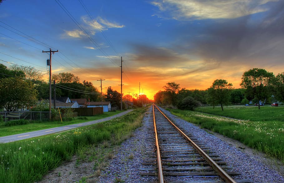 roadway scenery, sunset, roadway, scenery, Southern, Wisconsin, dusk, railroad, sky, railroad Track
