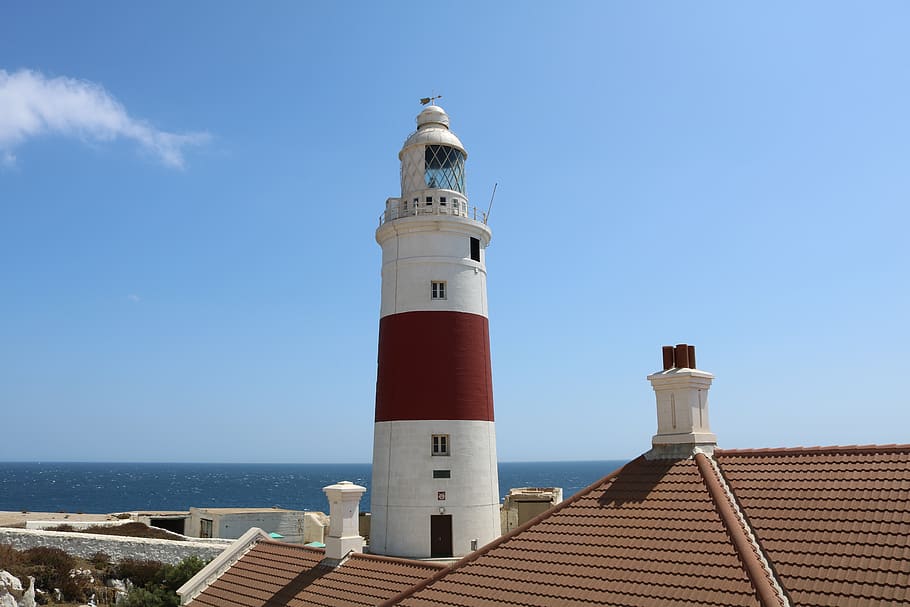 lighthouse, gibraltar, red, white, rock, cylindrical, punta europa, mediterranean, tourism, travel