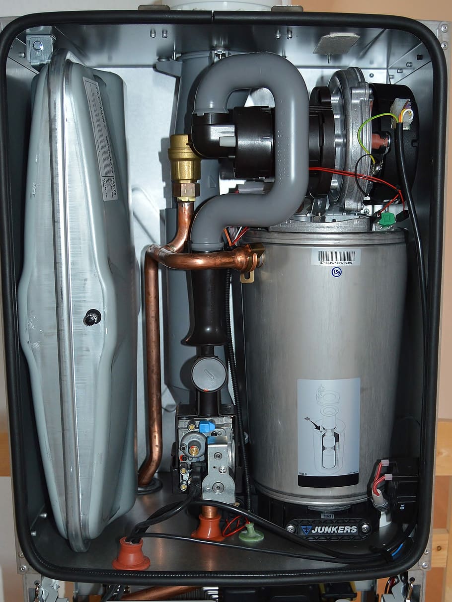 gray metal container, Heating, Gas, Therme, Junkers, gas-therme, cerapur, condensing boiler, open, indoors