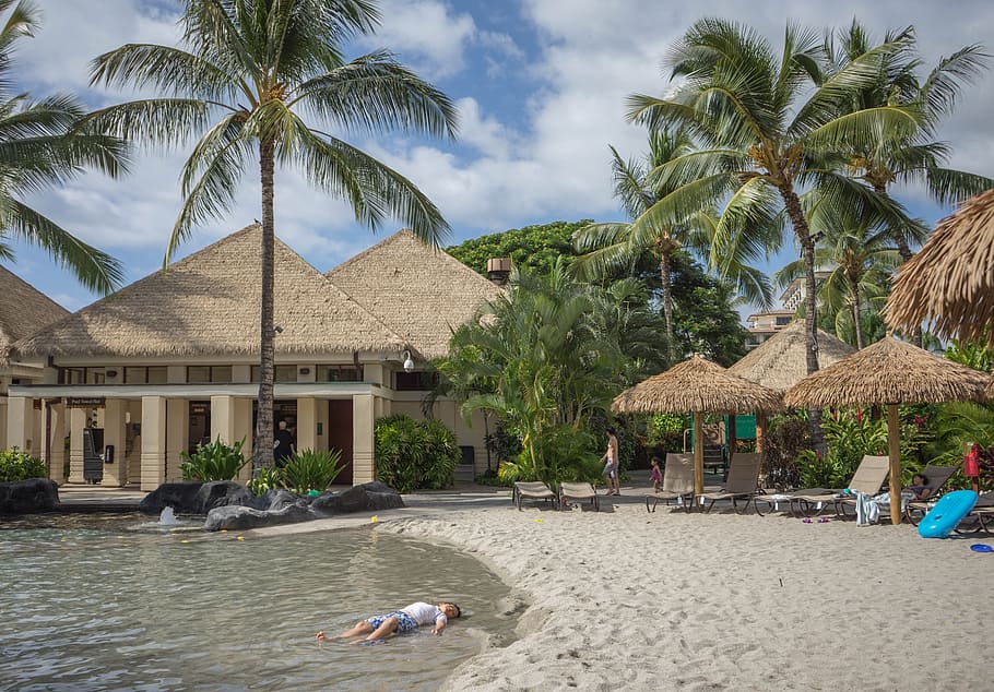 boy, relaxing, hawaii, oahu, resort, ko olina, marriott, pool, palm trees, outdoor