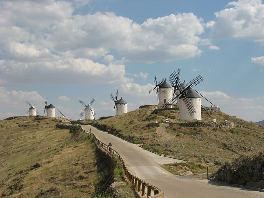 six, white, windmills side road, Windmills, Don Quixote, Windmill, Hill, windmill, hill, consuegra, route