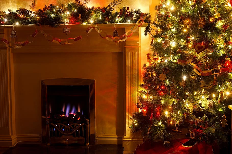 green, christmas tree, string lights, Christmas Decorations, cozy, december, decoration, eve, festive, fire
