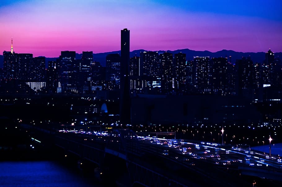 photography, city, night, night view, japan, bridge, building, skyline, landscape, sky