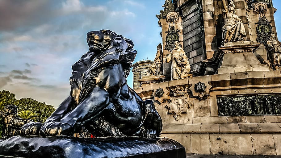 lion statue, Lion, Monument, Barcelona, Spain, lion, monument, barcelona, spain, catalunya, cat, statue