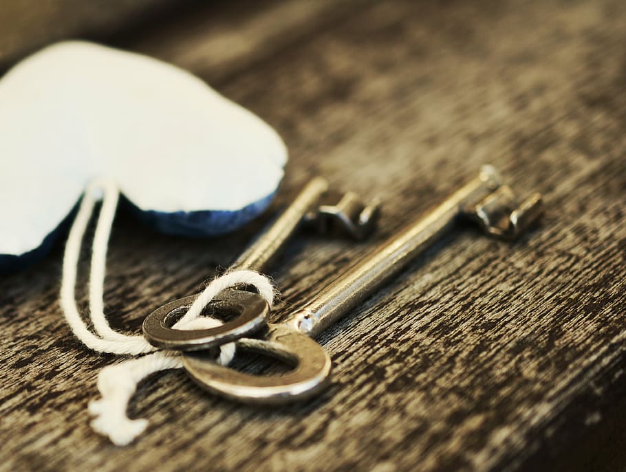 two, stainless, steel skeleton keys, bokeh photography, key, heart, love, for two, marry, connectedness